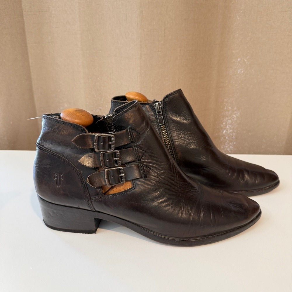 Frye Womens Black Distressed Leather Triple Buckle Ankle Boots 8.5M 3475880-BLK